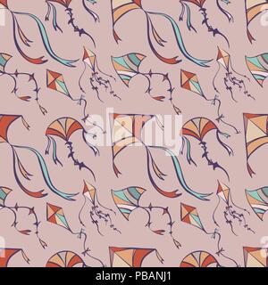 Seamless pattern of flying kites in cartoon style, vector illustration Stock Vector