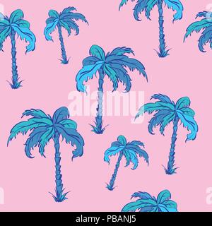Seamless vector pattern of palms in cartoon style, neon colours Stock Vector