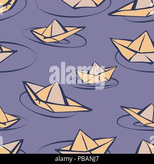 Seamless vector pattern with paper boats in cartoon style Stock Vector