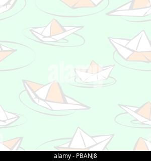 Seamless vector pattern with paper boats in cartoon style, light pastel colors Stock Vector