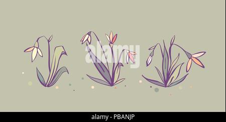 Vector set of cute fresh spring snowdrop flowers in pastel tones Stock Vector