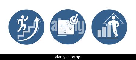 Vector set of success icons. Increasing graph with confident figure, running up career ladder, assembled puzzle with done tick. Stock Vector