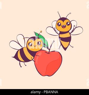 Cute cartoon bees carry an apple, vector illustration Stock Vector