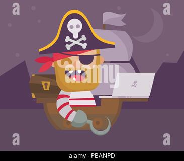 Web pirate with laptop. ?opyright infringement concept. Flat design cartoon style. Vector illustration Stock Vector