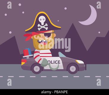 Pirate in a police car at night. Flat design cartoon style. Vector illustration Stock Vector