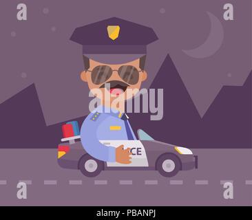 Happy comic policeman in a police car at night. Flat design cartoon style. Vector illustration Stock Vector
