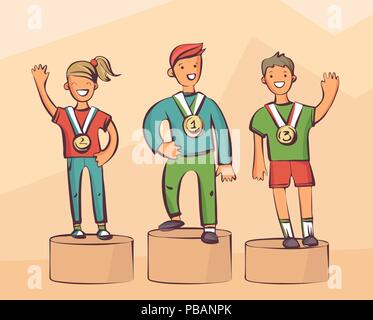 Young sportsmen on pedestal. Cartoon style vector illustration, simply editable set Stock Vector