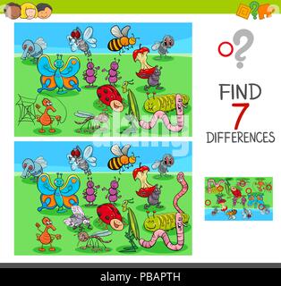 Cartoon Illustration of Finding Seven Differences Between Pictures Educational Game for Children with Insects Animal Characters Stock Vector