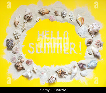 Text Hello Summer, exotic seashells and starfish collection flat lay on a yellow background. Stock Photo