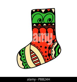 Christmas sock with beautiful multi-colored ornaments on white background Stock Vector