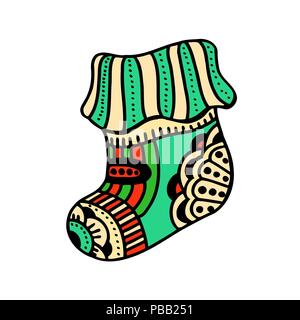Christmas sock with beautiful multi-colored ornaments on white background Stock Vector