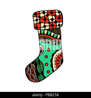 Christmas sock with beautiful multi-colored ornaments on white background Stock Vector