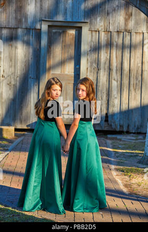 Long dress twin teen sisters hand in hand at the park sooden cabin Stock Photo