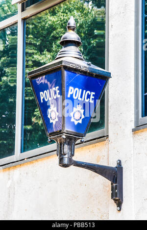 Traditional UK British police lamp lantern light outside Essex Police station, Southend on Sea, Essex. Blue lamp. Blue lantern Stock Photo