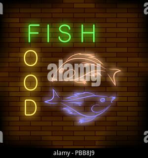 Colorful Neon Fish Food Sign Stock Vector