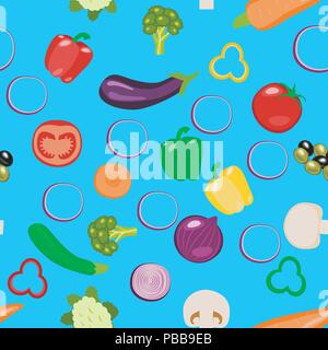 Vegetables - whole and sliced. Zucchini, carrot, onion, tomato bell pepper mushroom eggplant broccoli Seamless Pattern Stock Vector