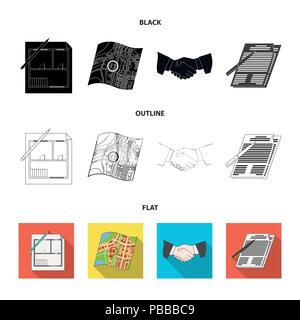 House plan, documents for signing, handshake, terrain plan. Realtor set collection icons in black,flat,outline style vector symbol stock illustration  Stock Vector