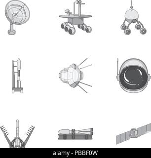 Space ship, Lunokhod, spacesuit and other equipment. Space technology set collection icons in monochrome style vector symbol stock illustration . Stock Vector