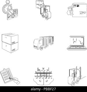 Forklift, cargo plane, goods, documents and other items in the delivery and transportation. Logistics and delivery set collection icons in outline sty Stock Vector