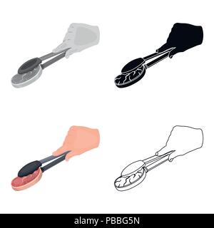 Tongs with raw steak. Eating and cooking single icon in cartoon style vector symbol stock illustration . Stock Vector