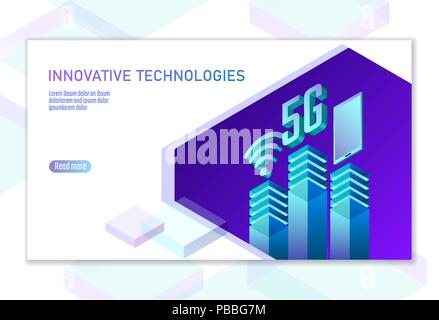 5G new wireless internet wifi connection. Smartphone mobile device isometric blue 3d flat. Global network high speed innovation connection data rate technology white card banner vector illustration Stock Vector