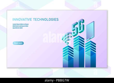 5G new wireless internet wifi connection. Smartphone mobile device isometric blue 3d flat. Global network high speed innovation connection data rate technology white card banner vector illustration Stock Vector