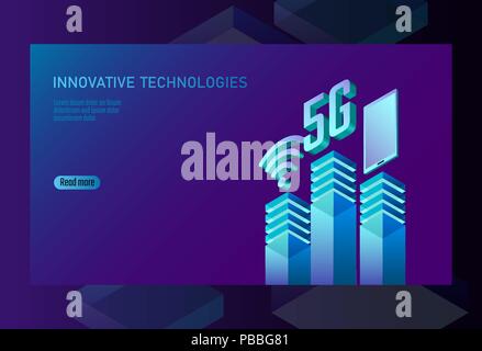 5G new wireless internet wifi connection. Smartphone mobile device isometric blue 3d flat. Global network high speed innovation connection data rate technology white card banner vector illustration Stock Vector