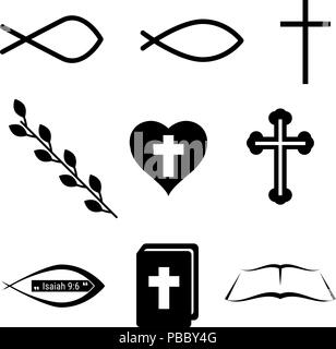 Christian Icons or Symbols. Fish, Cross, Heart, Wine and Holy Bible. Vector Design Elements Set for You Design Stock Vector