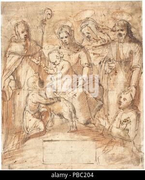 Anonymous / 'Virgin and Child, with the Infant St. John the Baptist, accompanied by three standing saints and a kneeling donor'. Second half of the XVI century. Wash, Pencil, Pencil ground, Grey-brown ink on paper. Museum: Museo del Prado, Madrid, España. Stock Photo