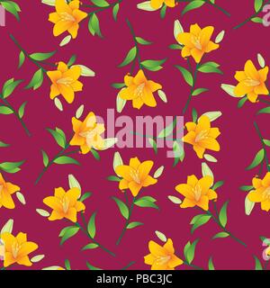 Lilium candidum, the Madonna lily or Orange Lily on Violet Red Background. Vector Illustration. Stock Vector