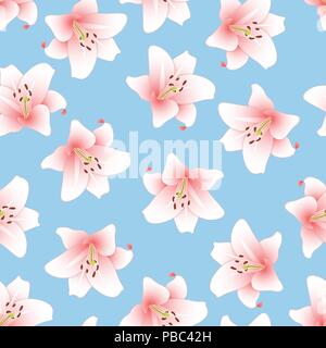 Lilium candidum, the Madonna lily or Pink Lily on Light Blue Background. Vector Illustration. Stock Vector