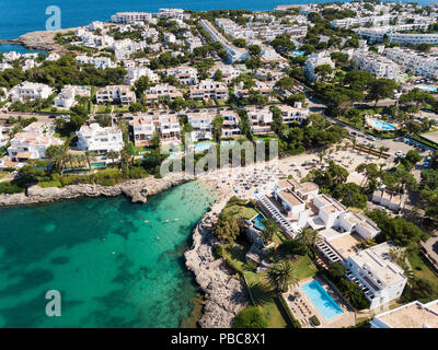 Aerial: Cala D'Or resort town in Mallorca, Spain Stock Photo