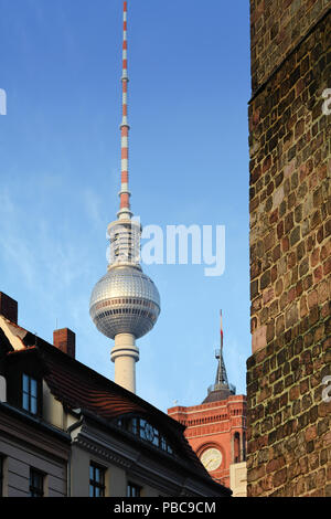View of the TV tower from the Nikolai quarter in Berlin Stock Photo