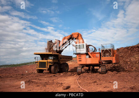 Truck is being loaded with ore at a mine site Stock Photo