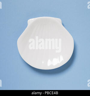 Sea shell shaped dish isolated on blue background Stock Photo