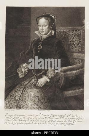 Agustín Esteve y Marqués; José Vázquez -Engraver- (After Antonio Moro) / 'Mary Tudor, Queen of England, Second Wife of Philip II'. 1793. Etching, Stipple engraving on laid paper; 1793. Etching, Stipple engraving on laid paper. Museum: Museo del Prado, Madrid, España. Stock Photo