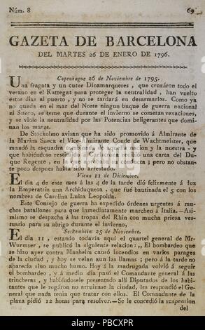 Gazeta de Barcelona, 26 de enero de 1796. Núm. 8. Portada. Biblioteca Histórico Militar de Barcelona. Cataluña. España. Stock Photo