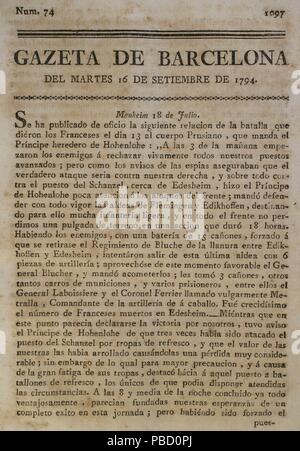 Gazeta de Barcelona, 16 de septiembre de 1794. Núm. 74. Portada. Biblioteca Histórico Militar de Barcelona. Cataluña. España. Stock Photo