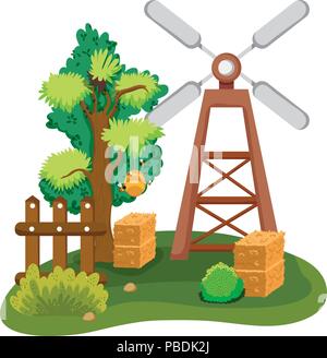 windmill with farm straw bale and wood grillage Stock Vector