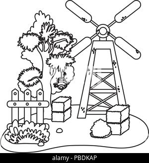 line windmill with farm straw bale and wood grillage Stock Vector