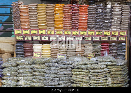 Big Selection of Spices and Herbs Packed in Bags Stock Photo