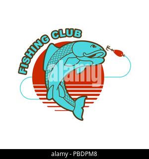 Fish and fishing rod emblem. Fishing club Fishermen sign. Vector illustration Stock Vector