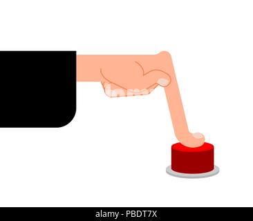 Hand presses a red button, vector illustration on white background ...