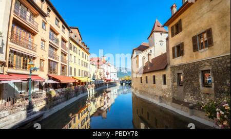 Panoramic cityscape with Thiou canal and Palais de l'Isle in old town of Annecy. France Stock Photo