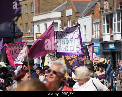 Sheerness, Kent, UK. 28th July, 2018. An Equality Parade celebrating 100 years of women's right to vote was held along Sheerness high street in Kent today at 12pm as part of the Sheppey Promenade Arts Festival. Credit: James Bell/Alamy Live News Stock Photo