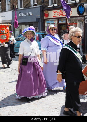 Sheerness, Kent, UK. 28th July, 2018. An Equality Parade celebrating 100 years of women's right to vote was held along Sheerness high street in Kent today at 12pm as part of the Sheppey Promenade Arts Festival. Credit: James Bell/Alamy Live News Stock Photo