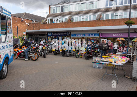 Calne, Wiltshire, UK, 28th July 2018  A pedestrian shopping centre filled with motorbikes on display for the Calne Bike meet  Credit Estelle Bowden/Alamy live news Stock Photo