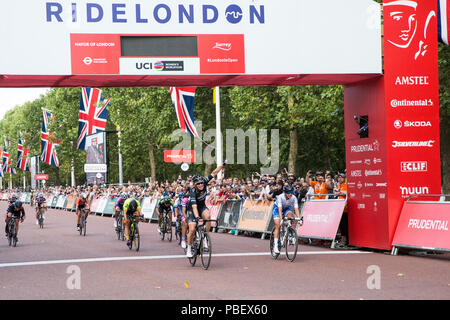 London, UK. 28th July, 2018. Kirsten Wild of the Wiggle High5 team wins the Prudential RideLondon Classique, the richest women's one-day race in cycling. The race is part of the UCI Women's World Tour and offers spectators the opportunity to see the world's best women’s cycling teams battling it out over 12 laps of a closed 5.4km circuit starting and finishing on The Mall. Credit: Mark Kerrison/Alamy Live News Stock Photo