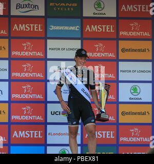London, UK, 28 July 2018. Prudential RideLondon Classique. Kirsten Wild (Wiggle-High5, NED) stands on the podium after winning the RideLondon Classique - a 65km race around a 5.4km circuit finishing on The Mall. Stock Photo