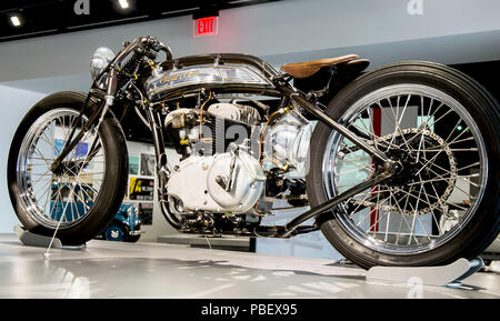 Los Angeles, California, USA. 28th July, 2018. 'Suavecito' designed and built by Sosa Metalworks of Las Vegas, Nevada, is displayed as part of the 'Custom Revolution' exhibit at the Petersen Automotive Museum. The exhibit gathers the works of the most influential and alternative bike builders of the past ten years in one place for the first time ever. Credit: Brian Cahn/ZUMA Wire/Alamy Live News Stock Photo